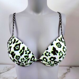 VTG Y2K Mudd Green White Leopard Print Polka Dot Trim Push Up Bikini Top, 34D